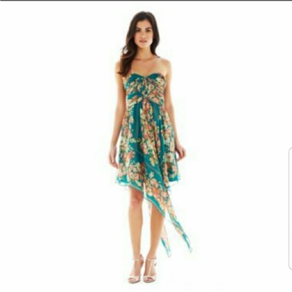 Pearl by Georgina Chapman Teal Floral Asymmetrical Dress
